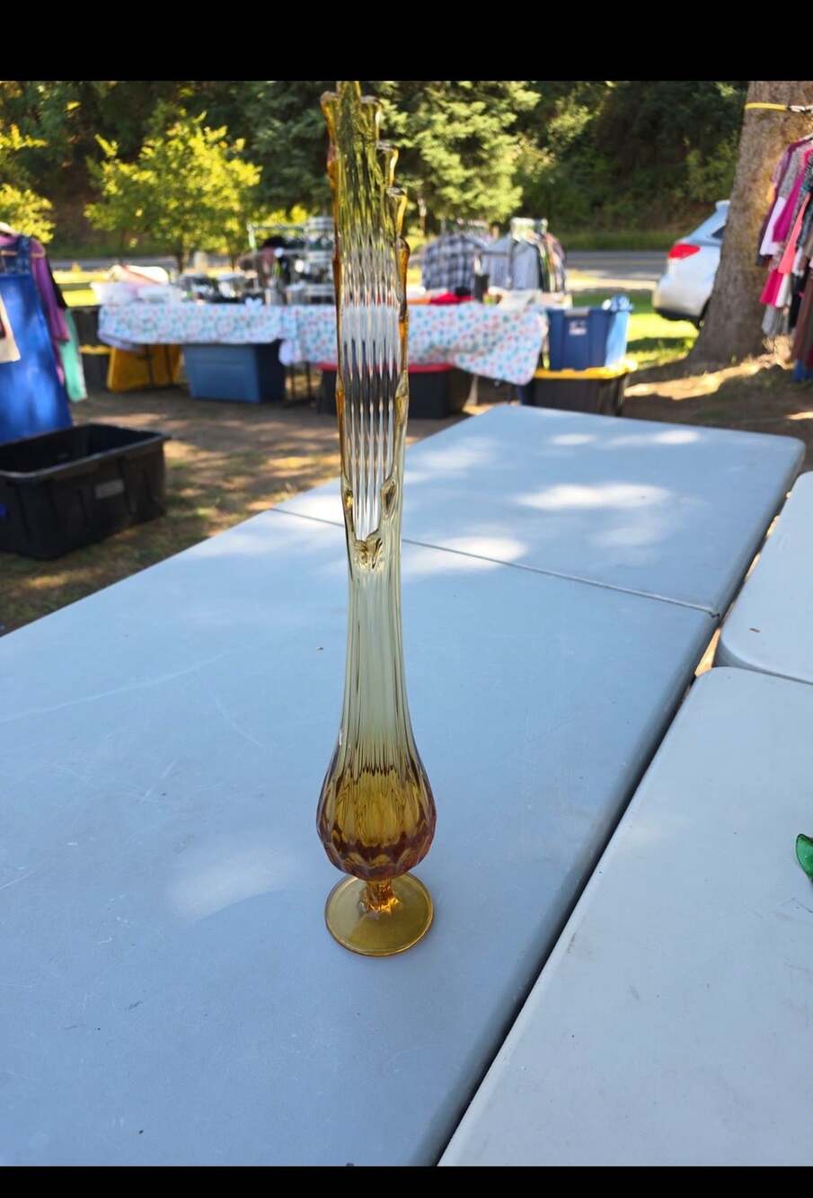 21” Fenton Amber Glass Swung Vase Colonial Thumbprint Footed Vase